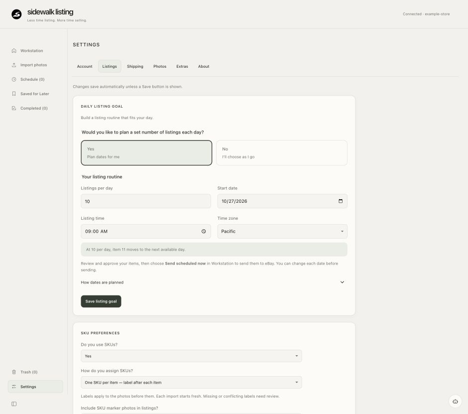 Actual Sidewalk Listings settings with Yes or No daily-goal choices, daily count, start date, time and time zone.